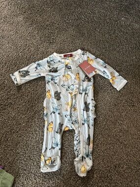 Milkbarn Light Gray Butterfly Footed One-Piece with Blue and Yellow Accents